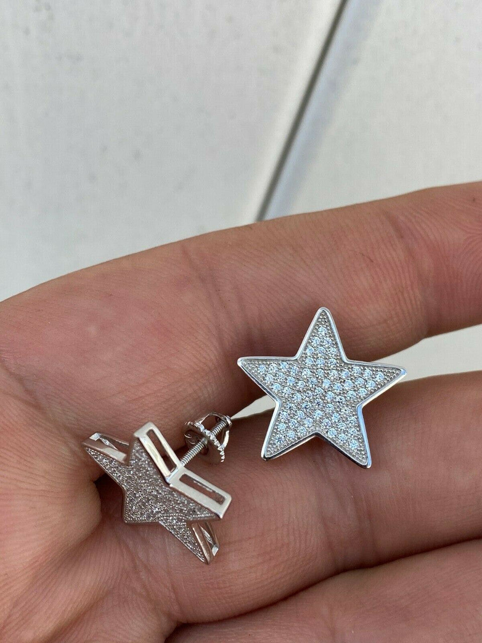 HarlemBling Mens Large Real 925 Sterling Silver Iced Star Diamond Hip Hop Earrings Screwback