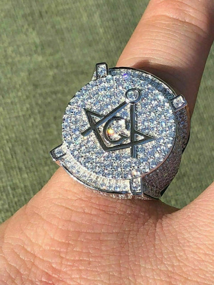 HarlemBling Mens Large Solid 925 Silver 3ct Iced Diamond Masonic Free Mason RING 14k Gold