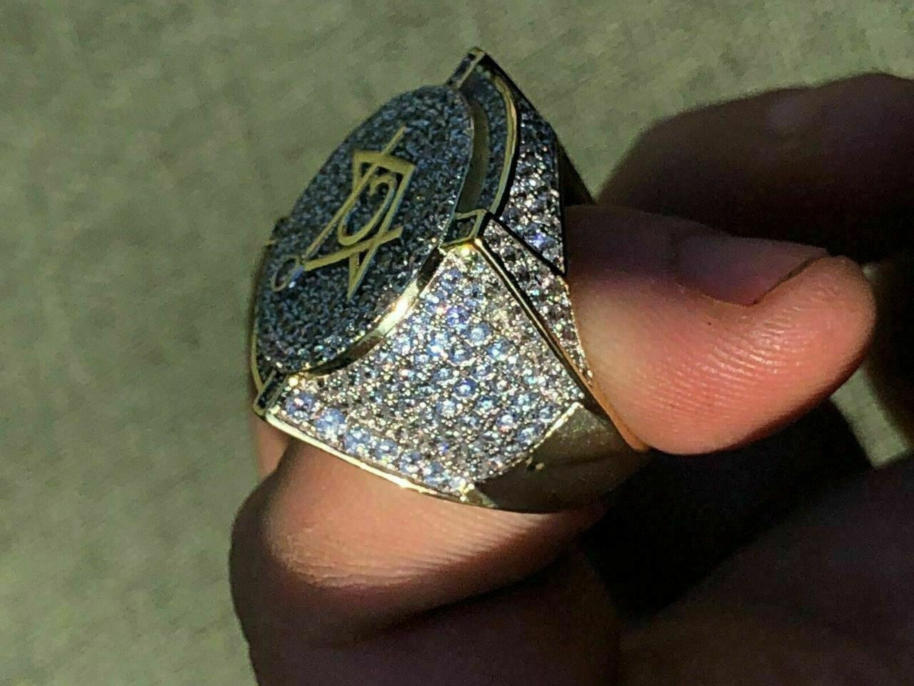 HarlemBling Mens Large Solid 925 Silver 3ct Iced Diamond Masonic Free Mason RING 14k Gold