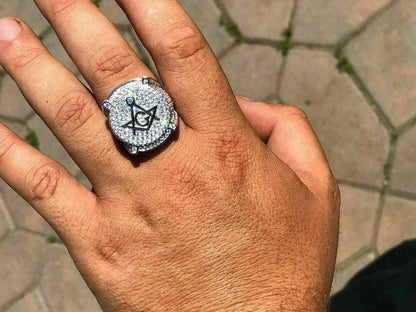 HarlemBling Mens Large Solid 925 Silver 3ct Iced Diamond Masonic Free Mason RING 14k Gold