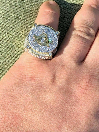 HarlemBling Mens Large Solid 925 Silver 3ct Iced Diamond Masonic Free Mason RING 14k Gold