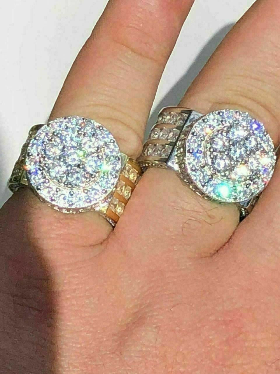 HarlemBling Mens Large Solid 925 Silver 5ct Diamond Pinky BIG RING 14k Gold ICY HIP-HOP