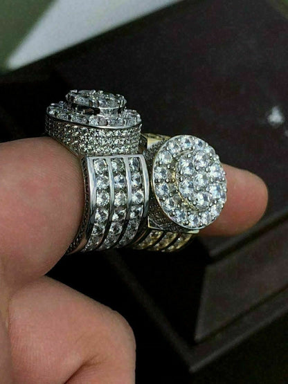 HarlemBling Mens Large Solid 925 Silver 5ct Diamond Pinky BIG RING 14k Gold ICY HIP-HOP