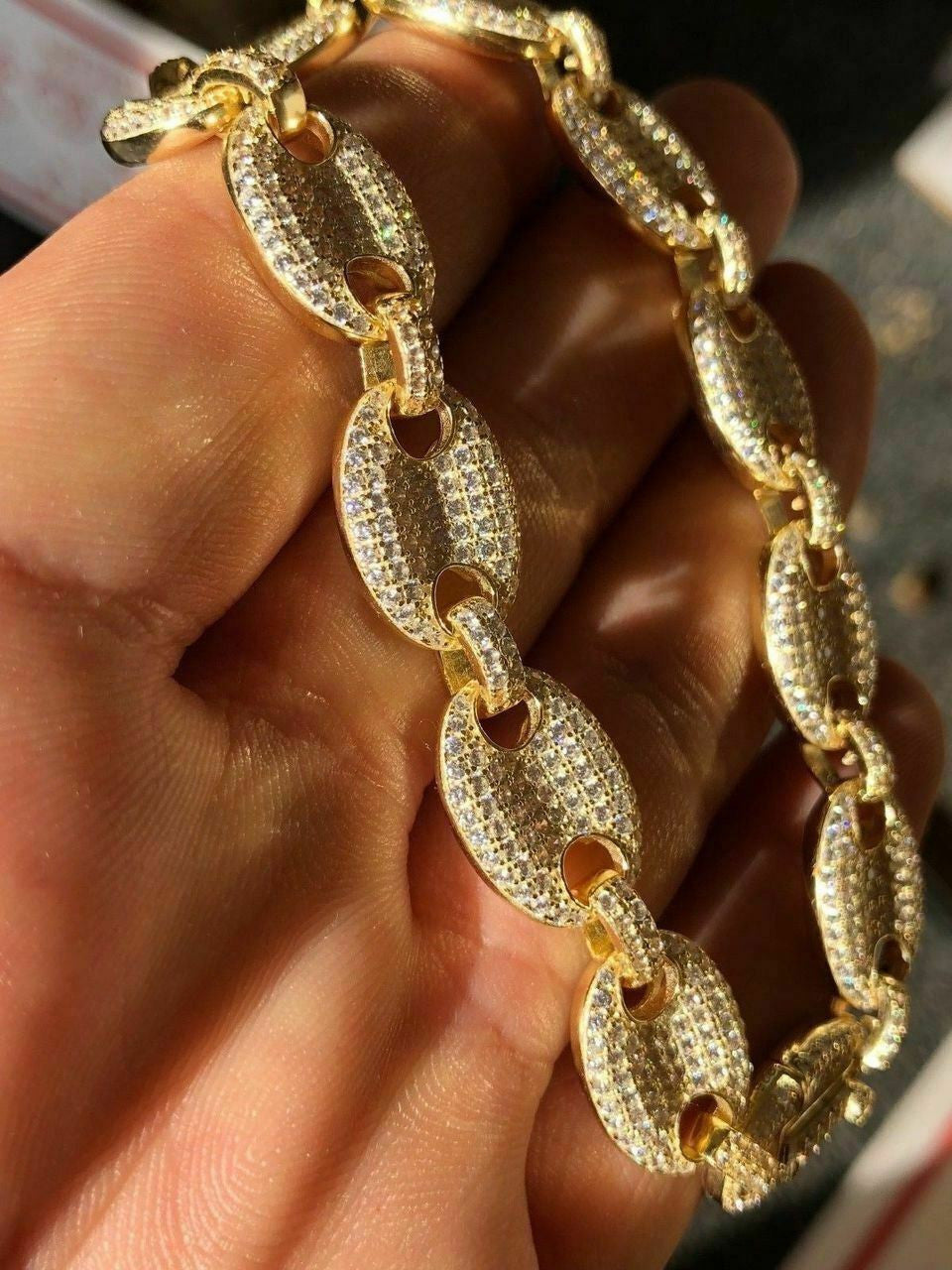 HarlemBling Mens Mariner Gucci Link Chain ICED Man Diamond 14k Gold Over 925 Silver 12mm