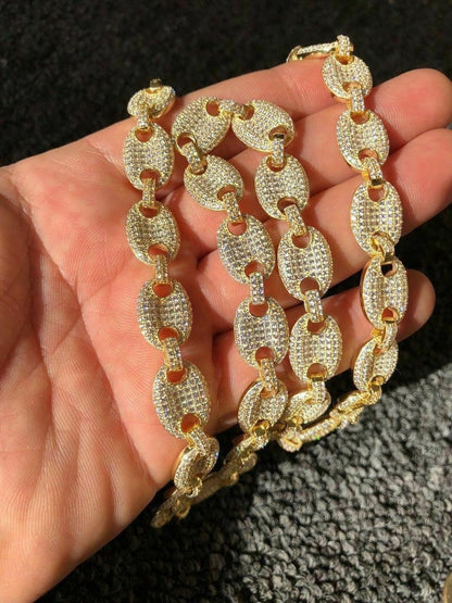 HarlemBling Mens Mariner Gucci Link Chain ICED Man Diamond 14k Gold Over 925 Silver 12mm
