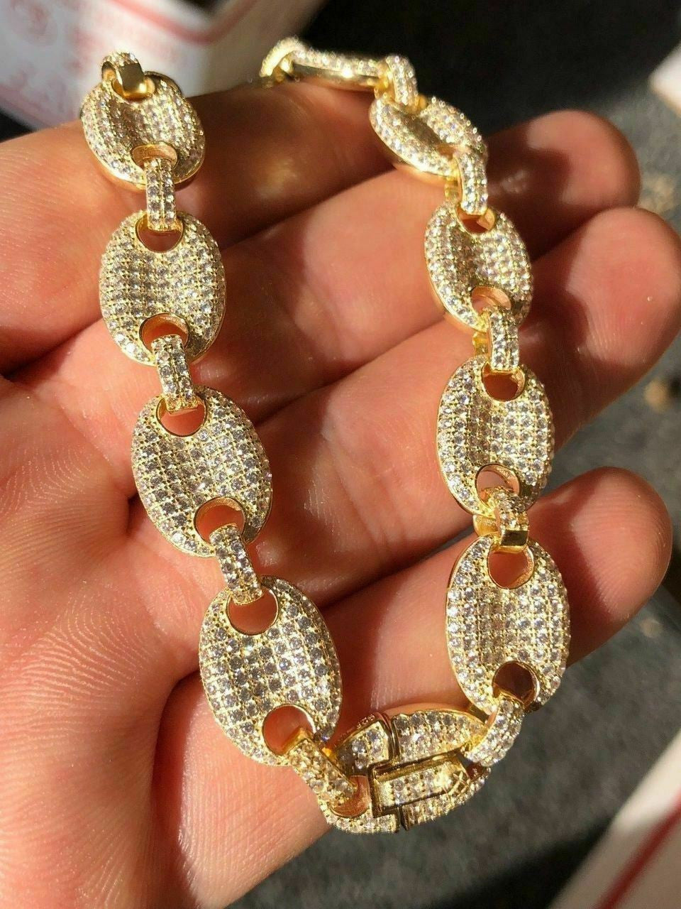 HarlemBling Mens Mariner Gucci Link Chain ICED Man Diamond 14k Gold Over 925 Silver 12mm