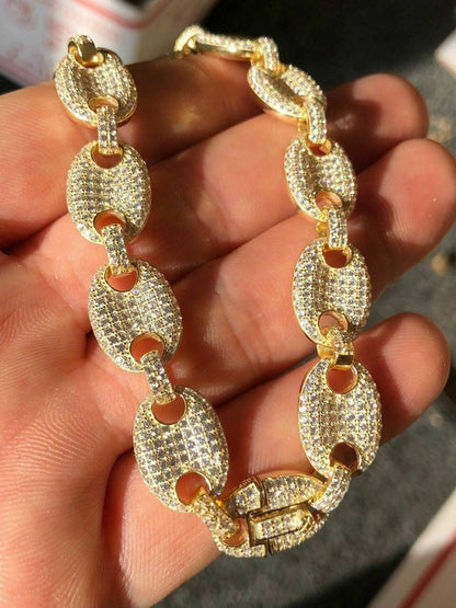 HarlemBling Mens Mariner Gucci Link Chain ICED Man Diamond 14k Gold Over 925 Silver 12mm