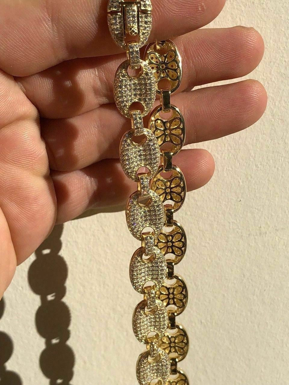 HarlemBling Mens Mariner Gucci Link Chain ICED Man Diamond 14k Gold Over 925 Silver 12mm