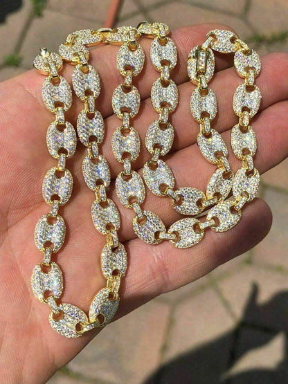 HarlemBling Mens Mariner Gucci Link Chain ICY Diamonds 14k Gold Over Solid 925 Silver 8mm