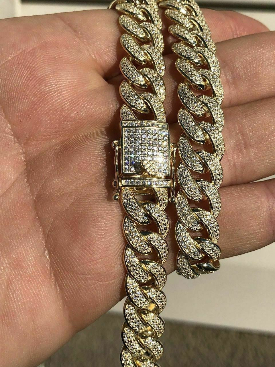 HarlemBling Mens Miami Cuban Link 12mm Chain 14k Gold and Solid 925 Silver Bust Down 18-30