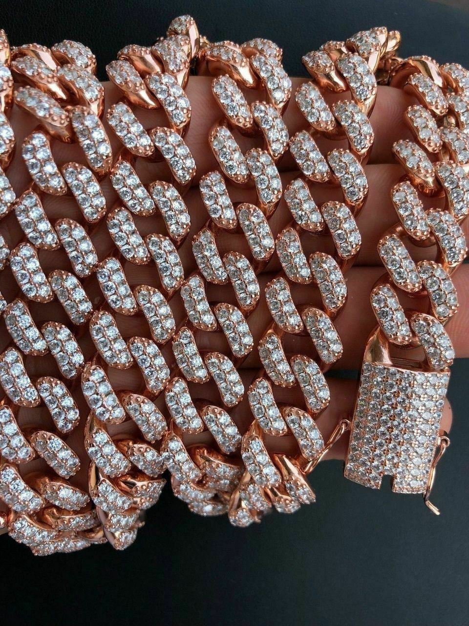 HarlemBling Mens Miami Cuban Link 15mm Chain 14k Rose Gold Over Solid 925 Silver Diamond ICY