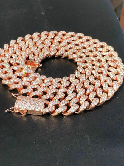HarlemBling Mens Miami Cuban Link 15mm Chain 14k Rose Gold Over Solid 925 Silver Diamond ICY