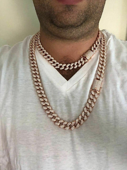 HarlemBling Mens Miami Cuban Link 15mm Chain 14k Rose Gold Over Solid 925 Silver Diamond ICY