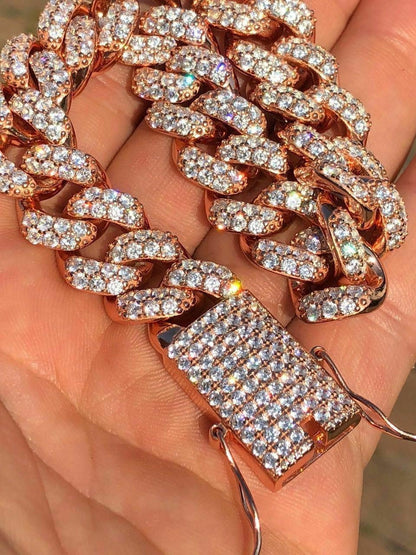 HarlemBling Mens Miami Cuban Link 15mm Chain 14k Rose Gold Over Solid 925 Silver Diamond ICY