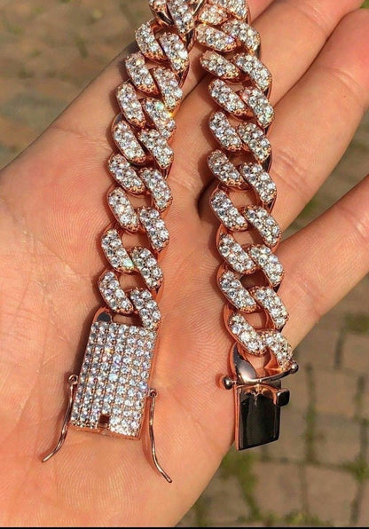 HarlemBling Mens Miami Cuban Link 15mm Chain 14k Rose Gold Over Solid 925 Silver Diamond ICY