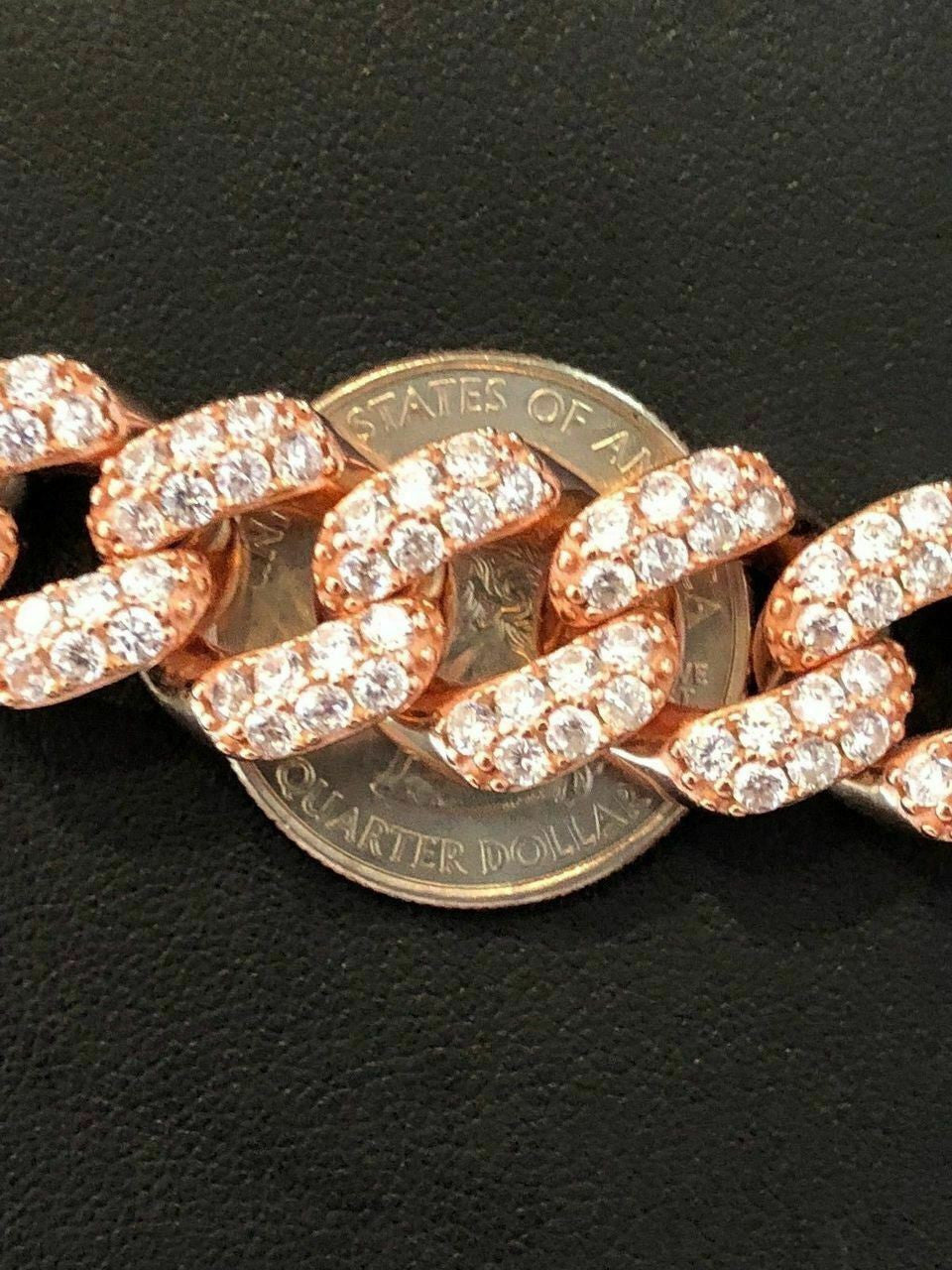 HarlemBling Mens Miami Cuban Link 15mm Chain 14k Rose Gold Over Solid 925 Silver Diamond ICY