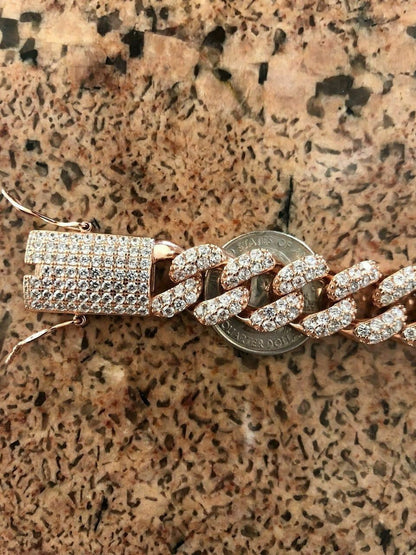 HarlemBling Mens Miami Cuban Link Bracelet 14k Rose Gold Over Solid 925 Silver Diamonds 15mm