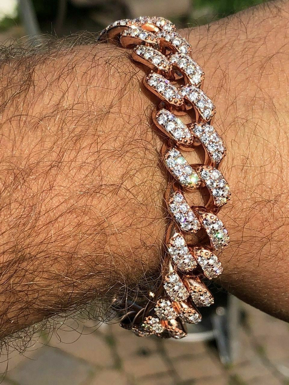 HarlemBling Mens Miami Cuban Link Bracelet 14k Rose Gold Over Solid 925 Silver Diamonds 15mm