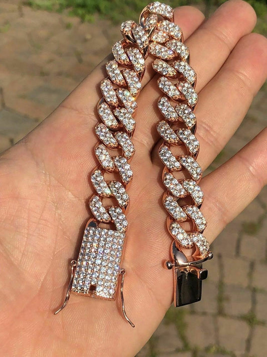 HarlemBling Mens Miami Cuban Link Bracelet 14k Rose Gold Over Solid 925 Silver Diamonds 15mm
