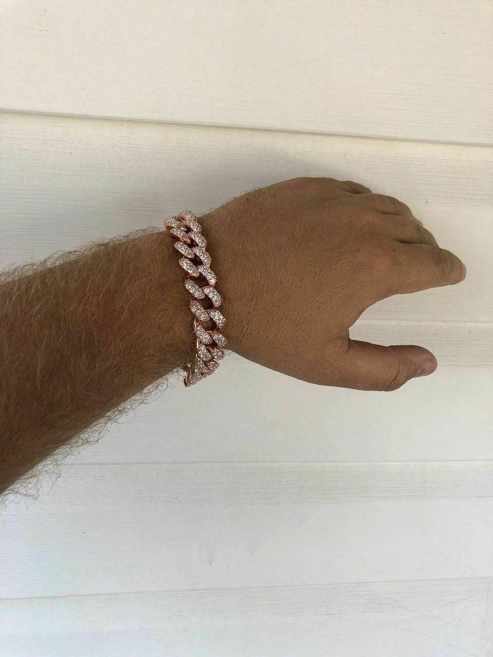 HarlemBling Mens Miami Cuban Link Bracelet 14k Rose Gold Over Solid 925 Silver Diamonds 15mm