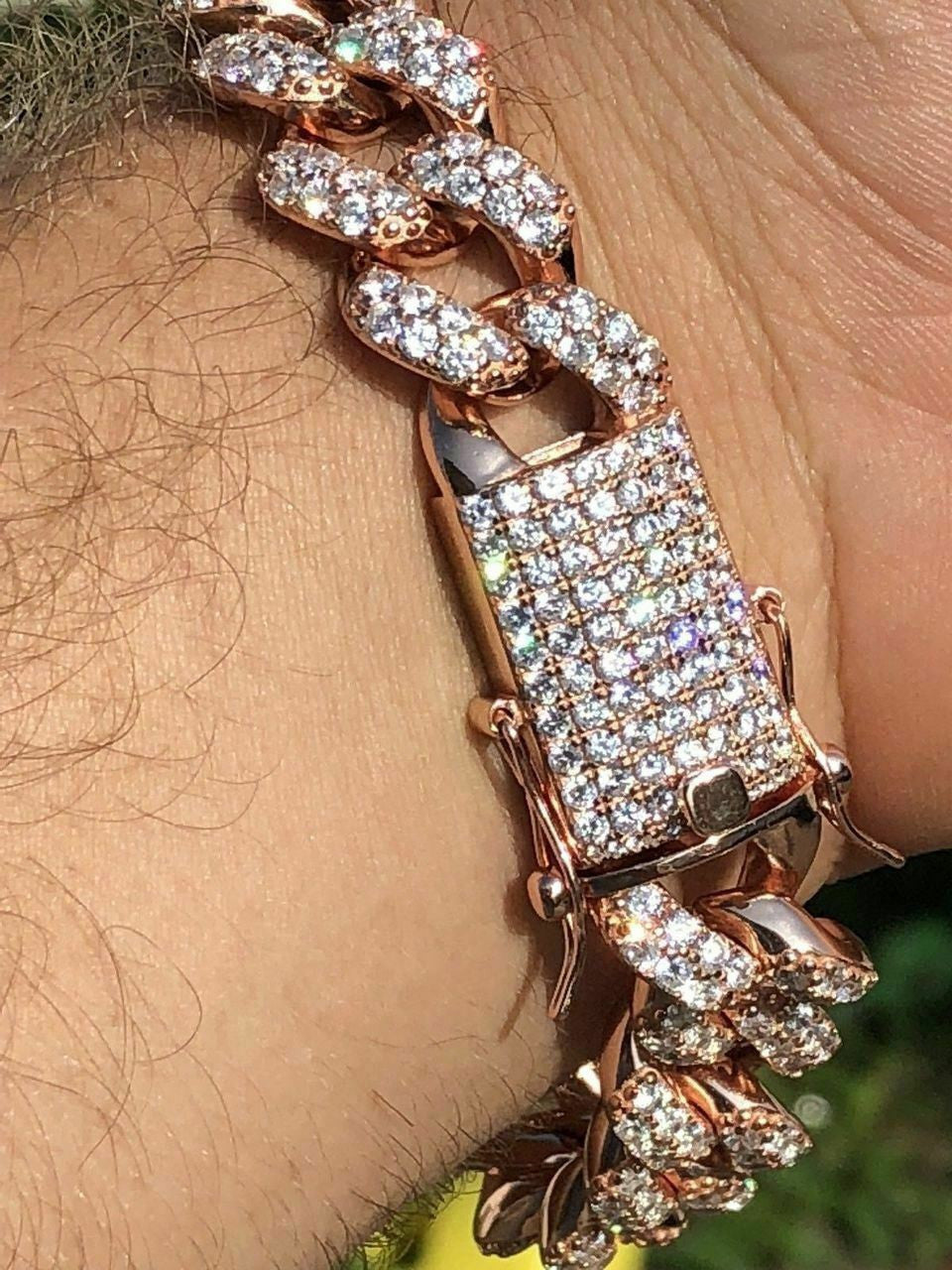 HarlemBling Mens Miami Cuban Link Bracelet 14k Rose Gold Over Solid 925 Silver Diamonds 15mm