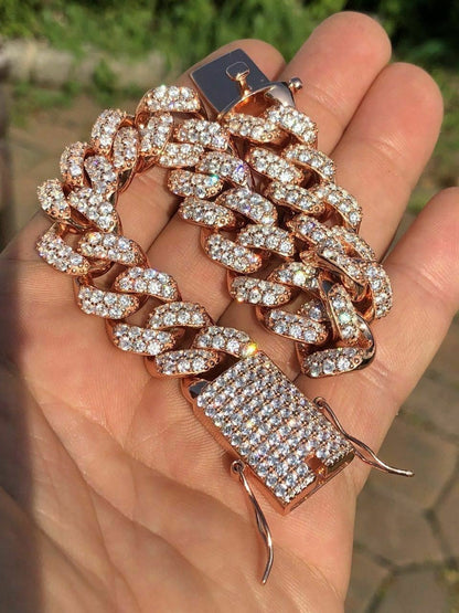 HarlemBling Mens Miami Cuban Link Bracelet 14k Rose Gold Over Solid 925 Silver Diamonds 15mm