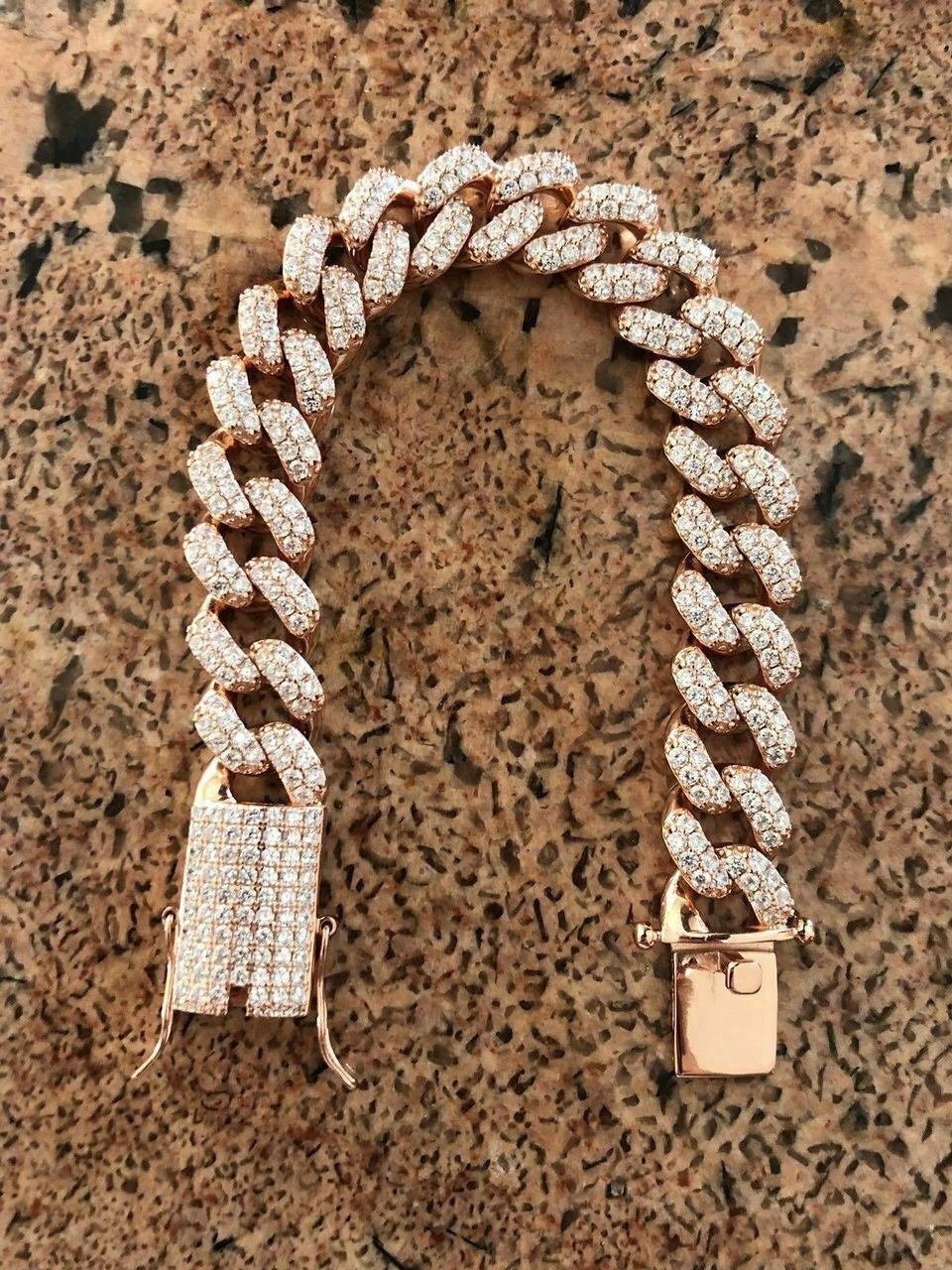 HarlemBling Mens Miami Cuban Link Bracelet 14k Rose Gold Over Solid 925 Silver Diamonds 15mm