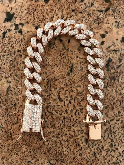 HarlemBling Mens Miami Cuban Link Bracelet 14k Rose Gold Over Solid 925 Silver Diamonds 15mm