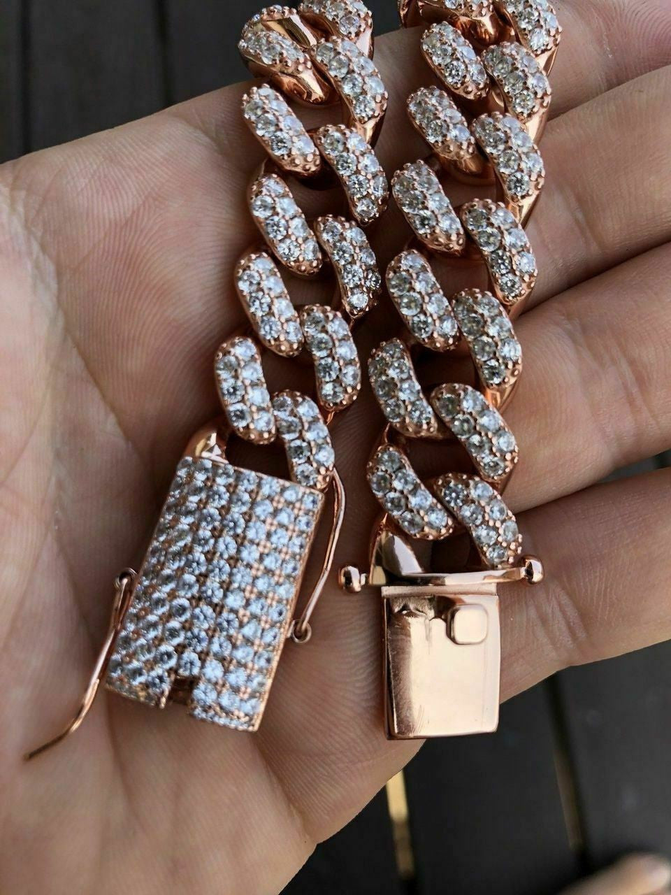 HarlemBling Mens Miami Cuban Link Bracelet 14k Rose Gold Over Solid 925 Silver Diamonds 15mm