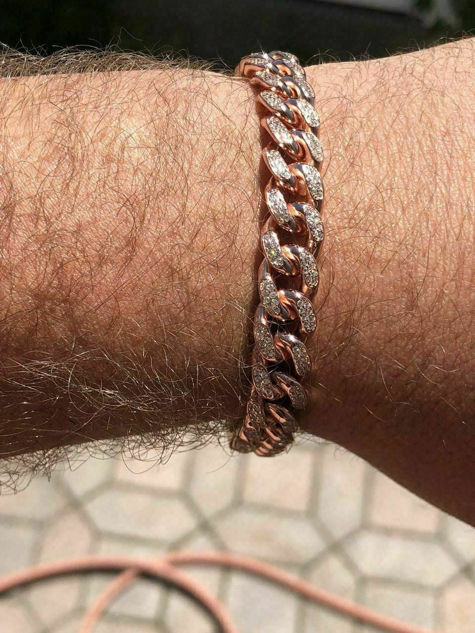 HarlemBling Mens Miami Cuban Link Bracelet 14k Rose Gold Over Solid 925 Silver Diamonds