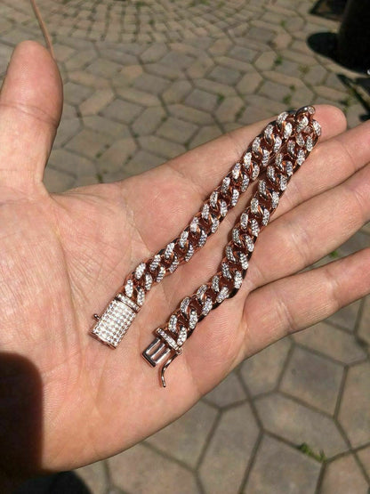 HarlemBling Mens Miami Cuban Link Bracelet 14k Rose Gold Over Solid 925 Silver Diamonds