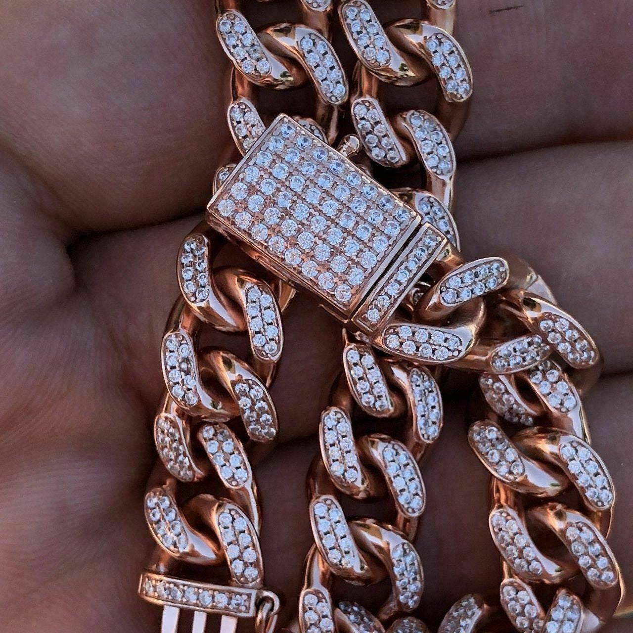 HarlemBling Mens Miami Cuban Link Bracelet 14k Rose Gold Over Solid 925 Silver Diamonds