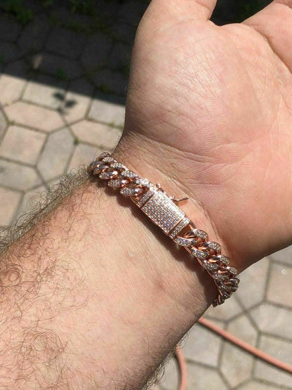 HarlemBling Mens Miami Cuban Link Bracelet 14k Rose Gold Over Solid 925 Silver Diamonds