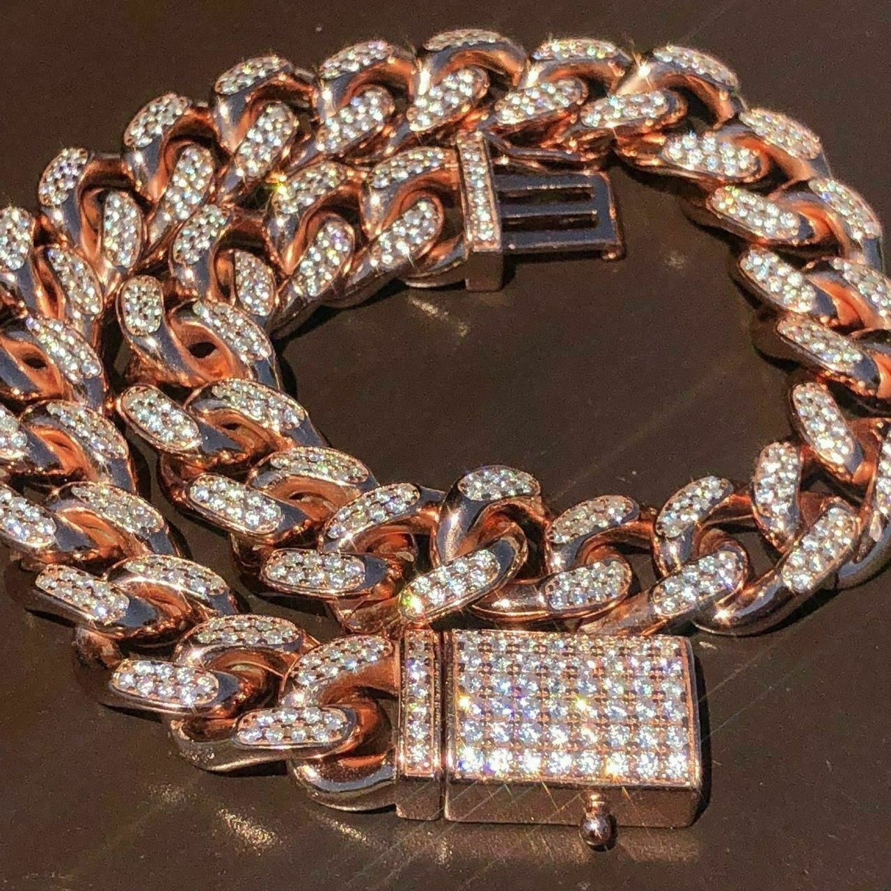 HarlemBling Mens Miami Cuban Link Bracelet 14k Rose Gold Over Solid 925 Silver Diamonds