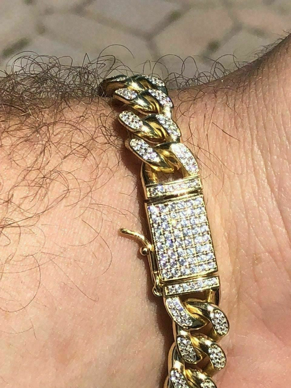 HarlemBling Mens Miami Cuban Link Bracelet 14k Yellow Gold Over Solid 925 Silver Diamonds