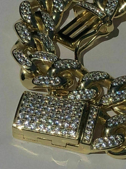 HarlemBling Mens Miami Cuban Link Bracelet 14k Yellow Gold Over Solid 925 Silver Diamonds