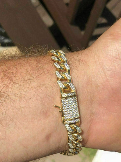 HarlemBling Mens Miami Cuban Link Bracelet 14k Yellow Gold Over Solid 925 Silver Diamonds