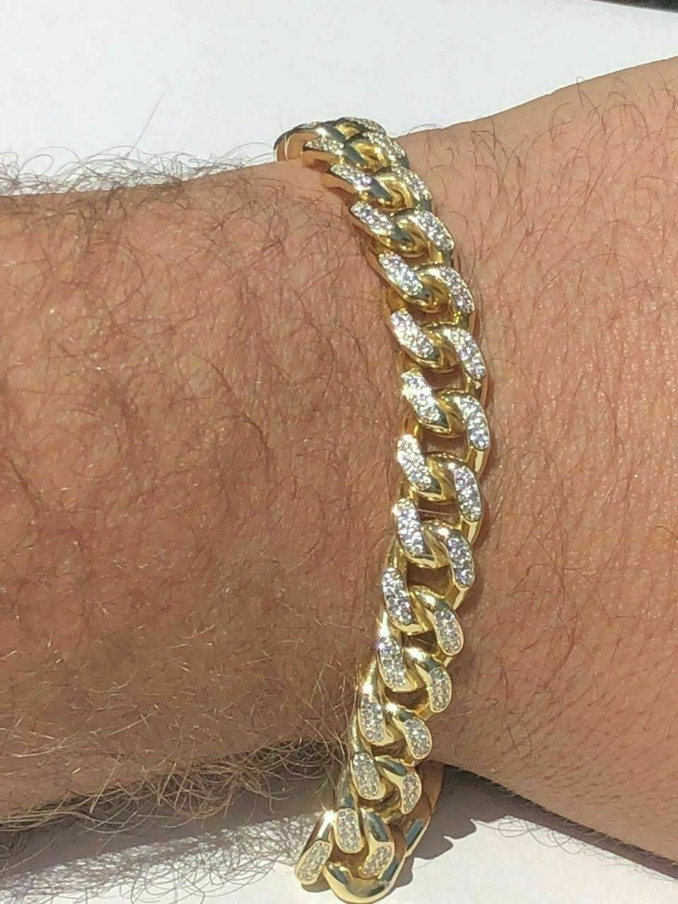 HarlemBling Mens Miami Cuban Link Bracelet 14k Yellow Gold Over Solid 925 Silver Diamonds