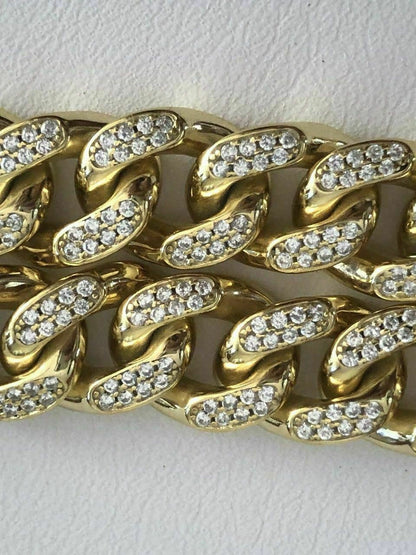 HarlemBling Mens Miami Cuban Link Bracelet 14k Yellow Gold Over Solid 925 Silver Diamonds