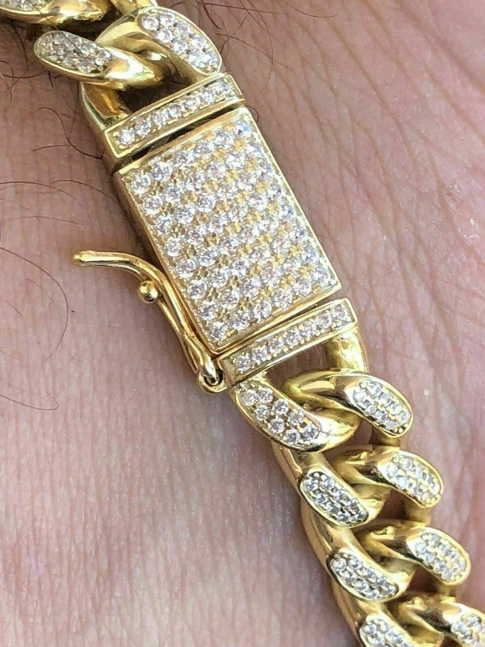 HarlemBling Mens Miami Cuban Link Bracelet 14k Yellow Gold Over Solid 925 Silver Diamonds