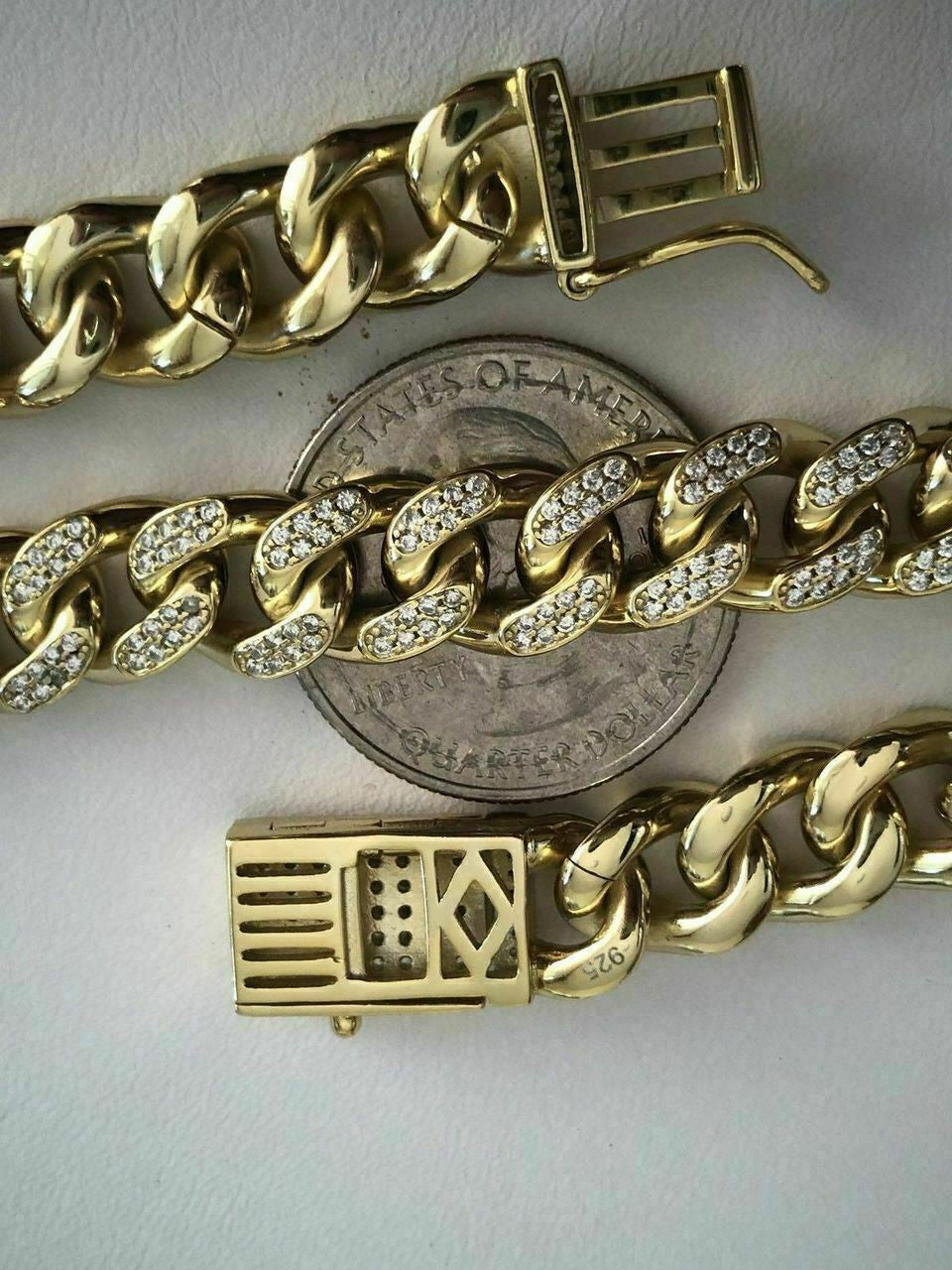 HarlemBling Mens Miami Cuban Link Bracelet 14k Yellow Gold Over Solid 925 Silver Diamonds