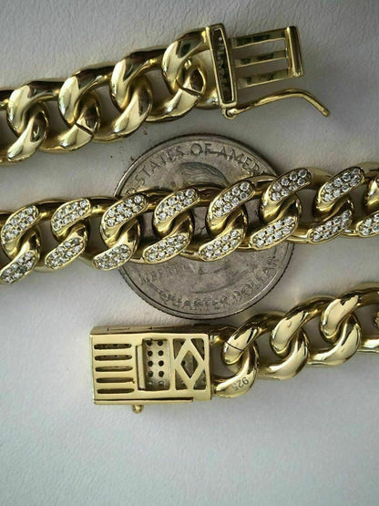 HarlemBling Mens Miami Cuban Link Bracelet 14k Yellow Gold Over Solid 925 Silver Diamonds