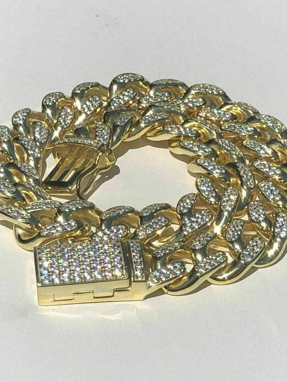 HarlemBling Mens Miami Cuban Link Bracelet 14k Yellow Gold Over Solid 925 Silver Diamonds