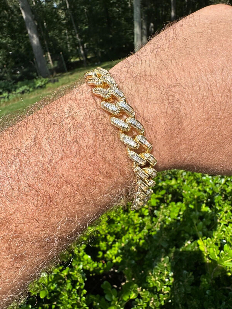 HarlemBling Mens Miami Cuban Link Bracelet Real 14k Gold 925 Silver Baguette Iced CZ Hip Hop