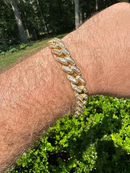 HarlemBling Mens Miami Cuban Link Bracelet Real 14k Gold 925 Silver Baguette Iced CZ Hip Hop