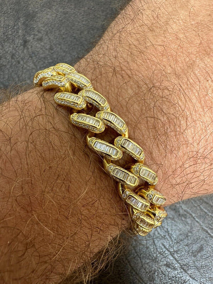 HarlemBling Mens Miami Cuban Link Bracelet Real 14k Gold 925 Silver Baguette Iced CZ Hip Hop