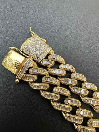 HarlemBling Mens Miami Cuban Link Bracelet Real 14k Gold 925 Silver Baguette Iced CZ Hip Hop