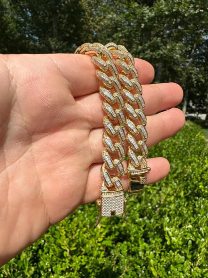 HarlemBling Mens Miami Cuban Link Bracelet Real 14k Gold 925 Silver Baguette Iced CZ Hip Hop