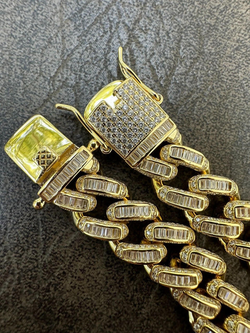 HarlemBling Mens Miami Cuban Link Bracelet Real 14k Gold 925 Silver Baguette Iced CZ Hip Hop