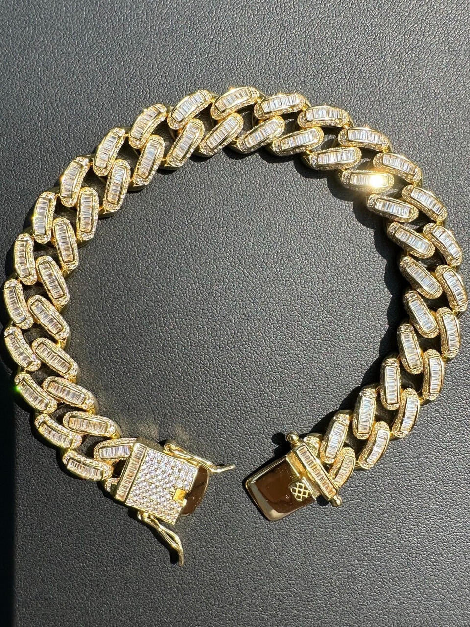 HarlemBling Mens Miami Cuban Link Bracelet Real 14k Gold 925 Silver Baguette Iced CZ Hip Hop